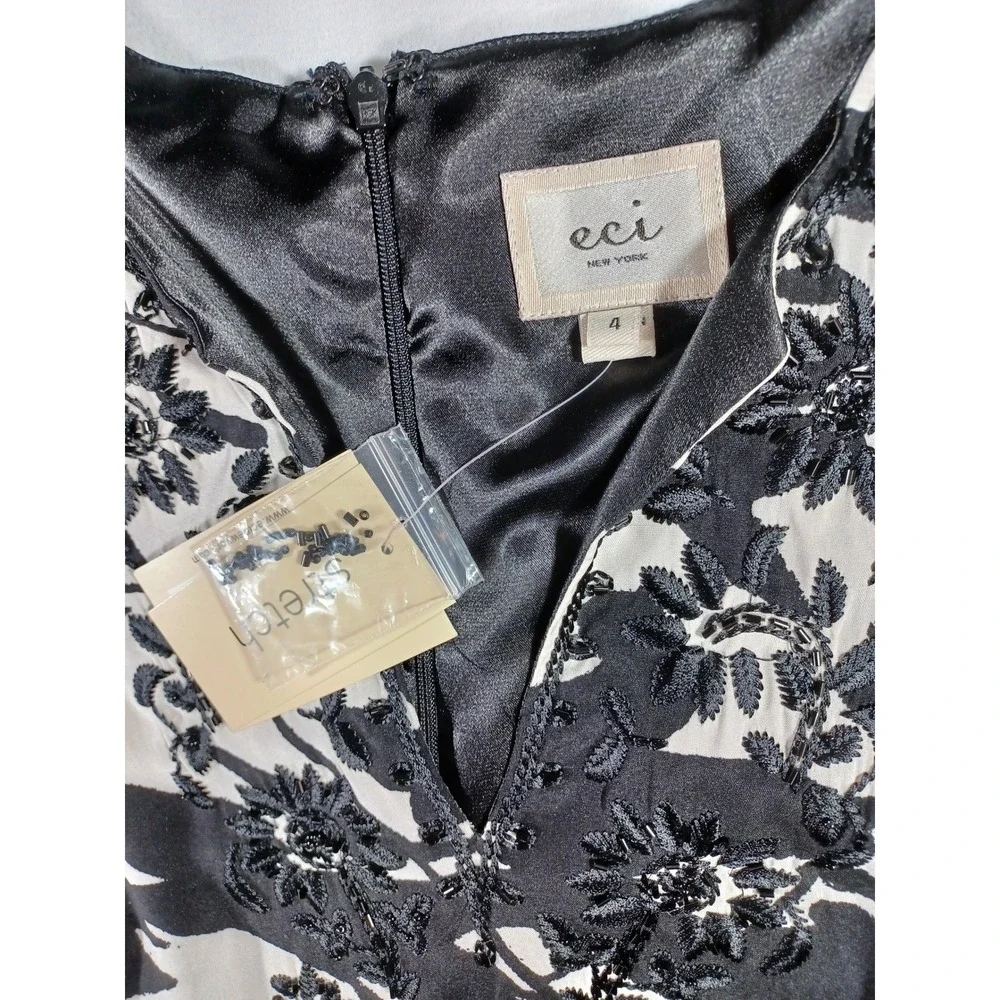 ECI New York Black White Abstract Print Beaded Neckline Long Sleeve Dress Size 4